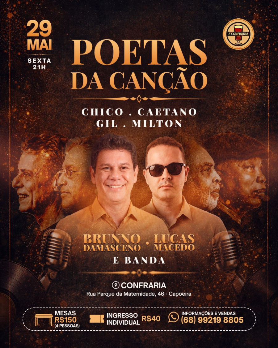 Brunno Damasceno e Lucas Macedo fazem show em homenagem a gigantes da MPB em noite especial na Confraria