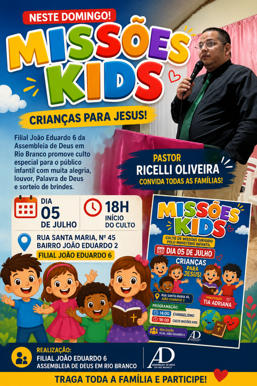 Filial João Eduardo 6 realiza Missões Kids com programação especial para crianças e famílias neste domingo